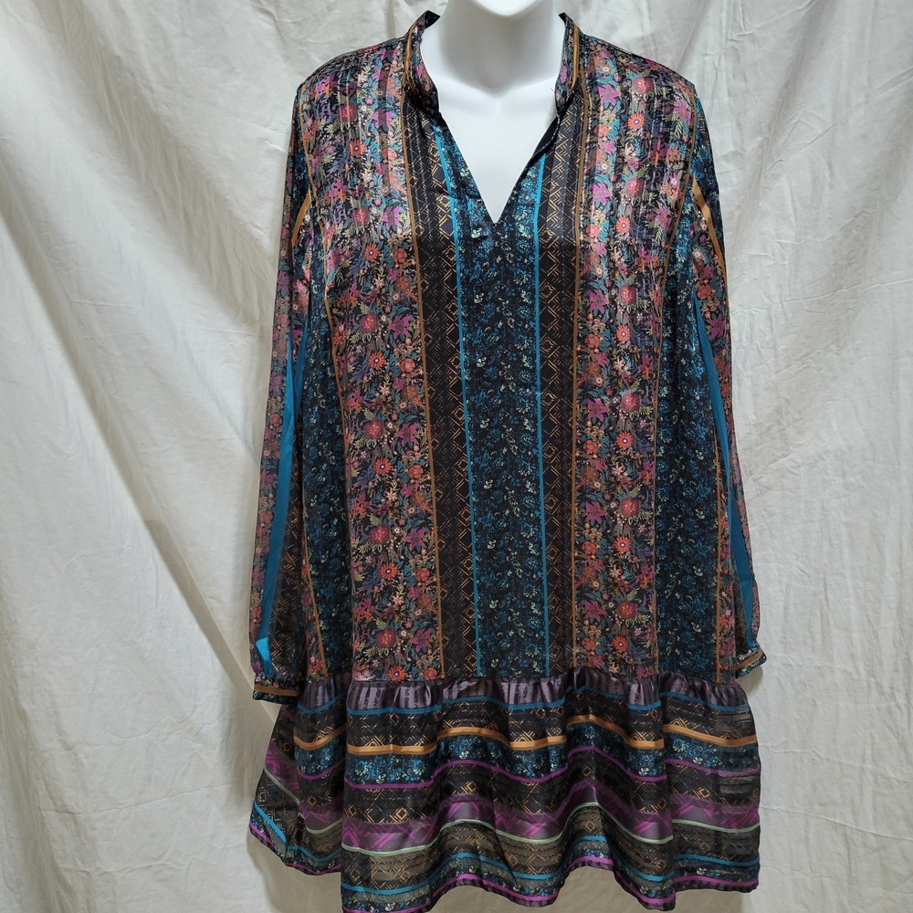 Soft Surroundings Womens Multicolor Floral Print Mini Dress Long‎ Sleeve Size L